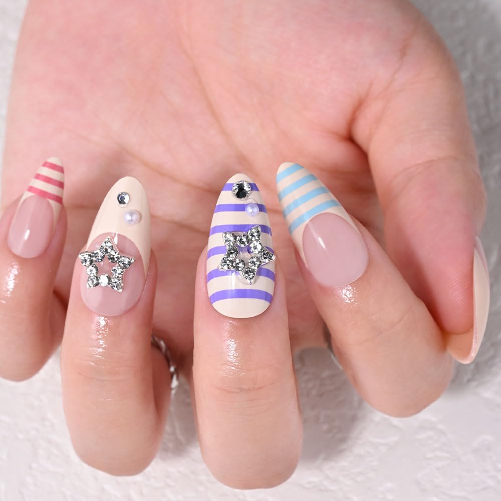3D French Stripe Press-On Nails - Short Almond Sea Stars Design | Reusable Full Cover Fake Nails for Women
