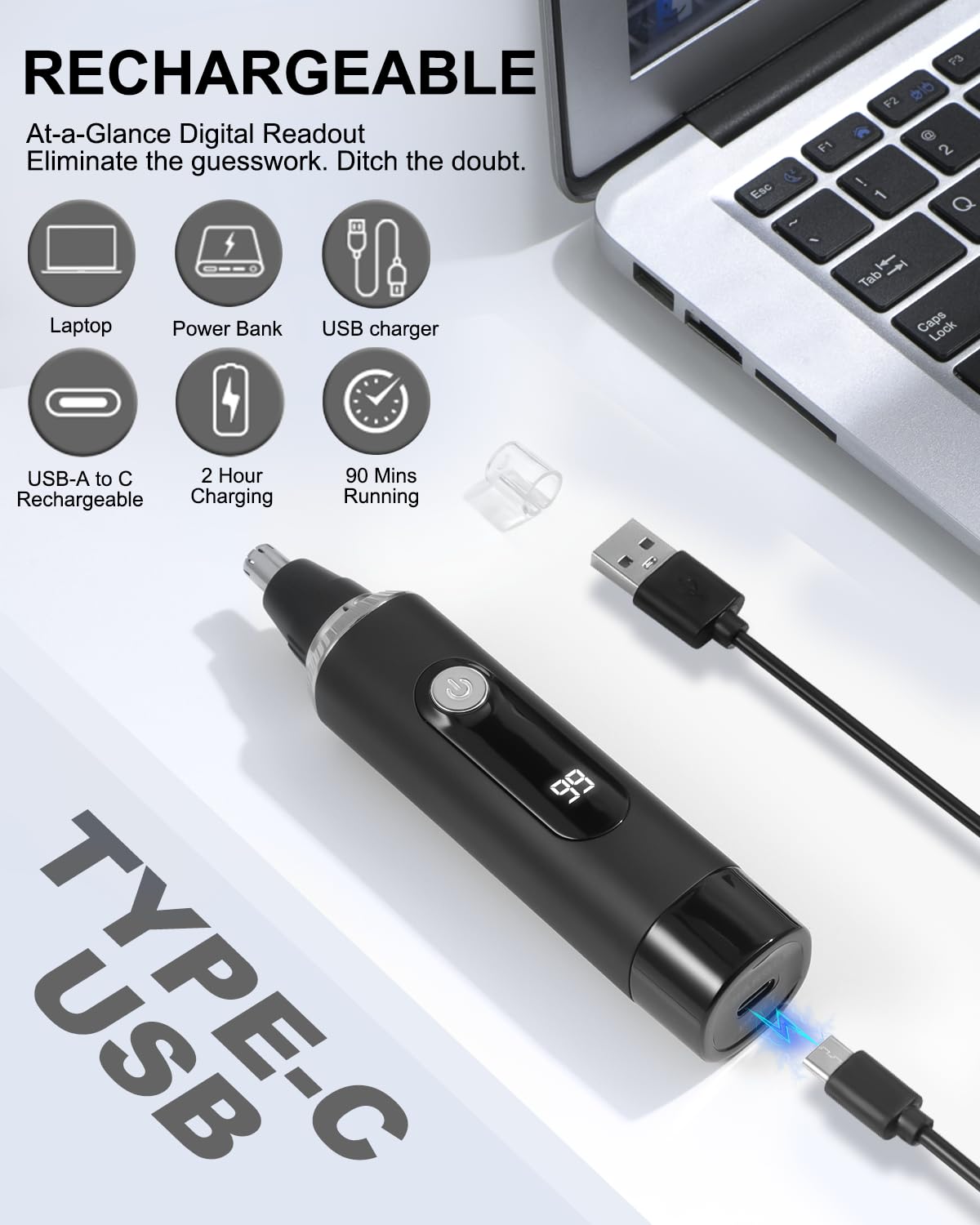 Nose Hair Trimmer for Men and Women,2026 Professional Painless IPX7 Waterproof Eyebrow & Facial Hair Trimmer,USB Rechargeable with LED Display Dual-Edge Blades for Smoother Cutting,BlackSilver