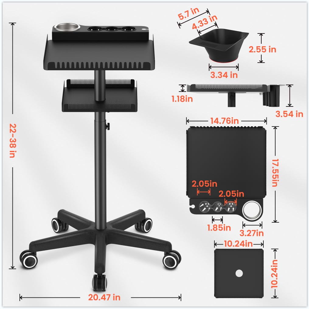 TASALON Professional Hair Extensions Organizer Cart Metal Salon Tray Cart with 2 Magnetic Bowls, Hair Dryer Holder, Adjustable Rolling Base, Black