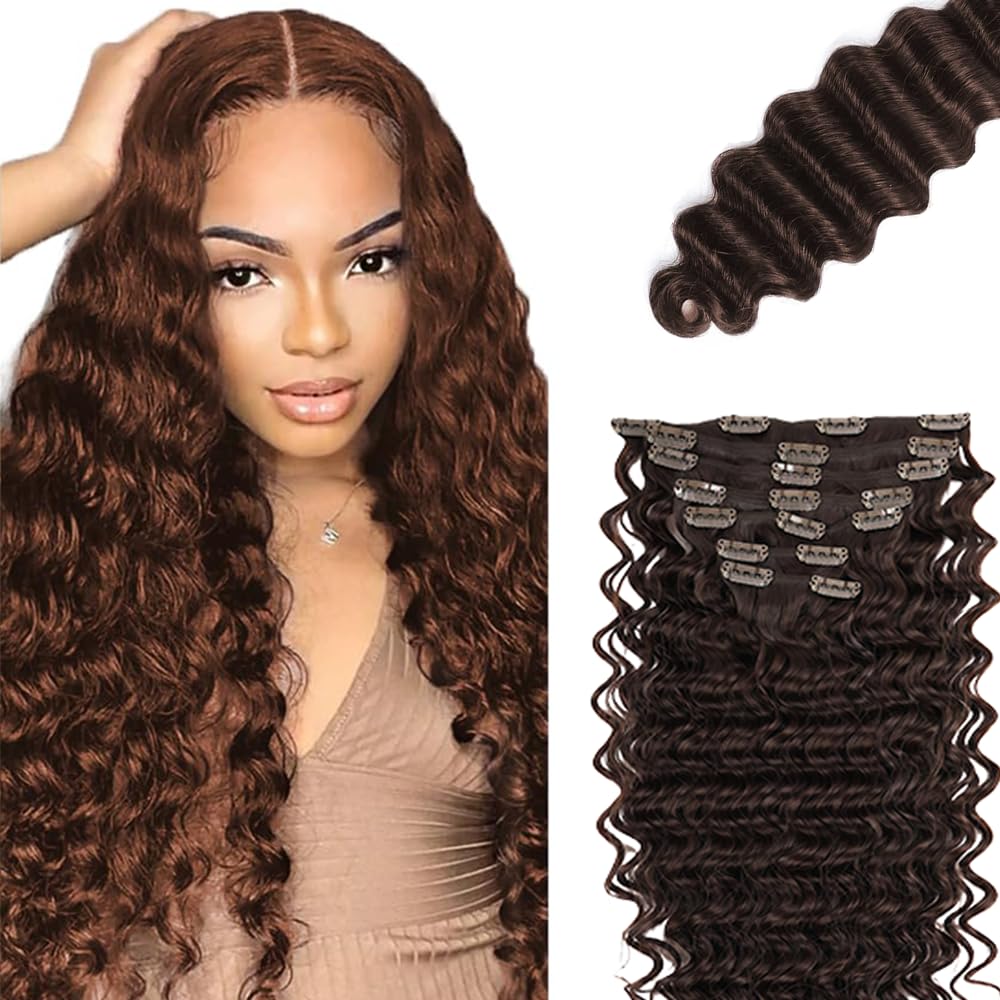 #4 Brown Clip in Hair Extensions Real Human Hair, 20 Inch 120g/7Pcs,Full Shine Dark Brown Remy Human Hair,Chocolate Brown Deep Wave Clip ins Brazilian Virgin Hair Extensions