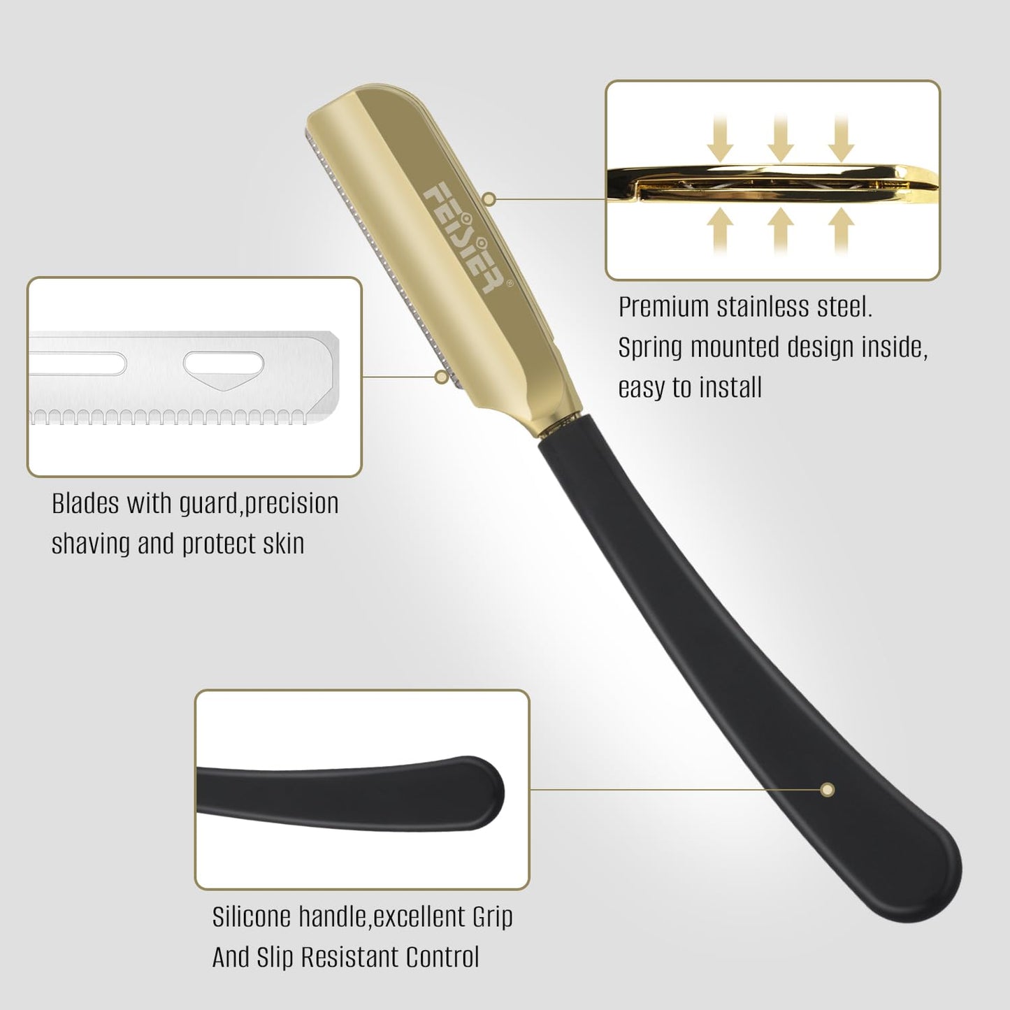 FEISIER Straight Razors for Men, Professional Straight Single Edge Razor Kit, Silicone Handle Straight Razor with Guard,Stainless Steel Barber Razor for Shaving,Salon Shavette,10 Blades Included