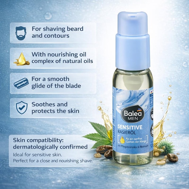 Balea MEN Sensitive Shaving Oil for Men Beard & Contour Natural Oil Complex with Castor Oil Soothes & Protects Sensitive Skin Smooth Glide Formula 50 ml
