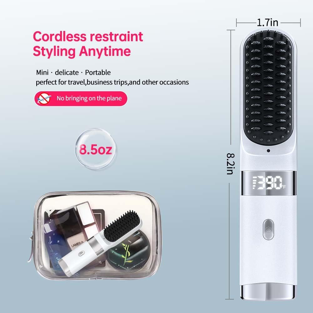 Cordless Hair Straightener Brush - Portable Travel Comb with USB Charging | Fast Heating, LCD Display (White-Silvery)