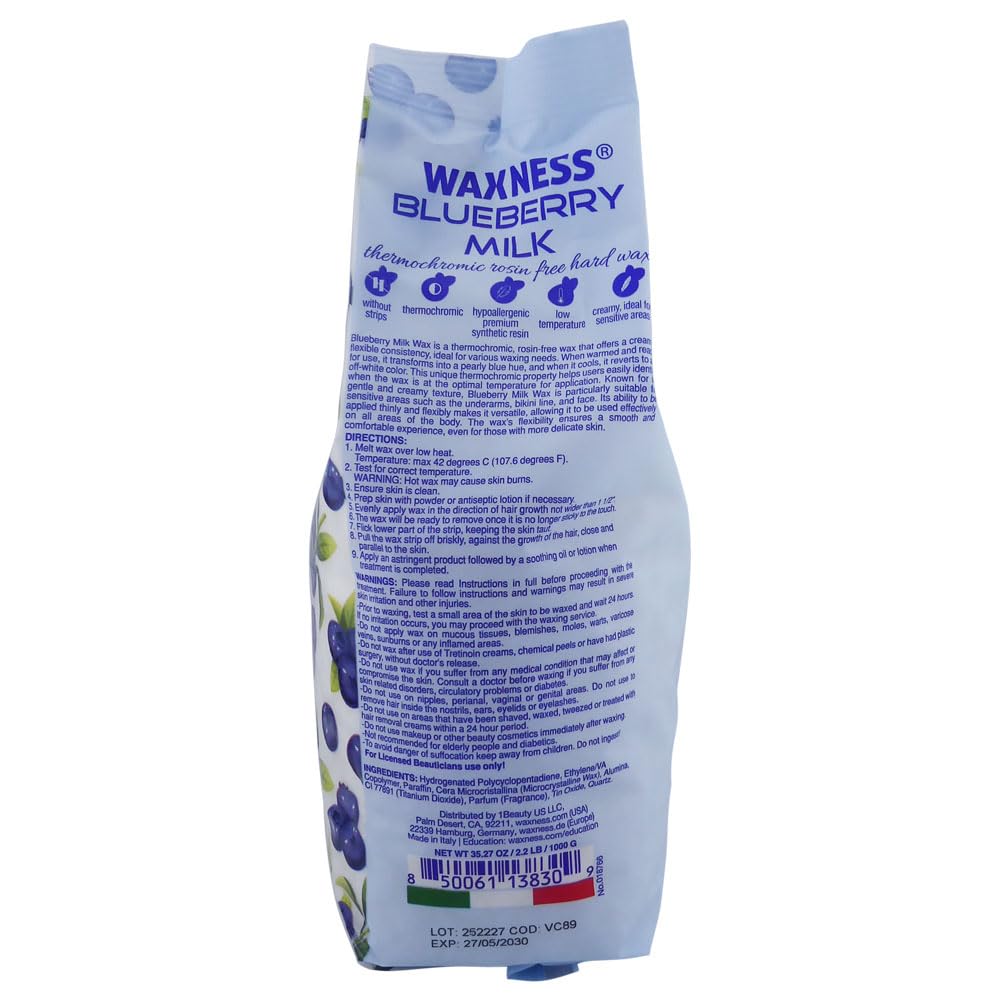 Waxness Blueberry Milk Thermochromic Hard Wax Beads Bulk 22 lb (10 kg), Rosin-Free, Low Temperature, For Sensitive Skin, Salon Use – Made in Italy