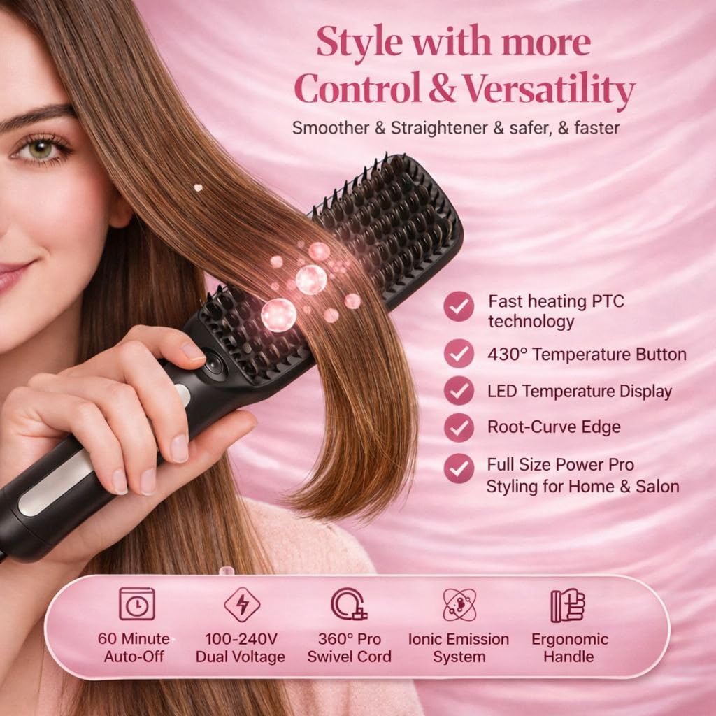 Speedy Precision Hair Straightener Brush - Sleek Hair in Minutes | LED Display 170-430°F, Curved Design for Comfort