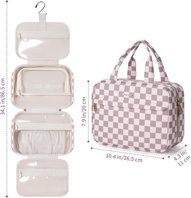 Hanging Toiletry Bag for Women - Checkered Travel Makeup Organizer | Medium Dusty Pink Checkerboard