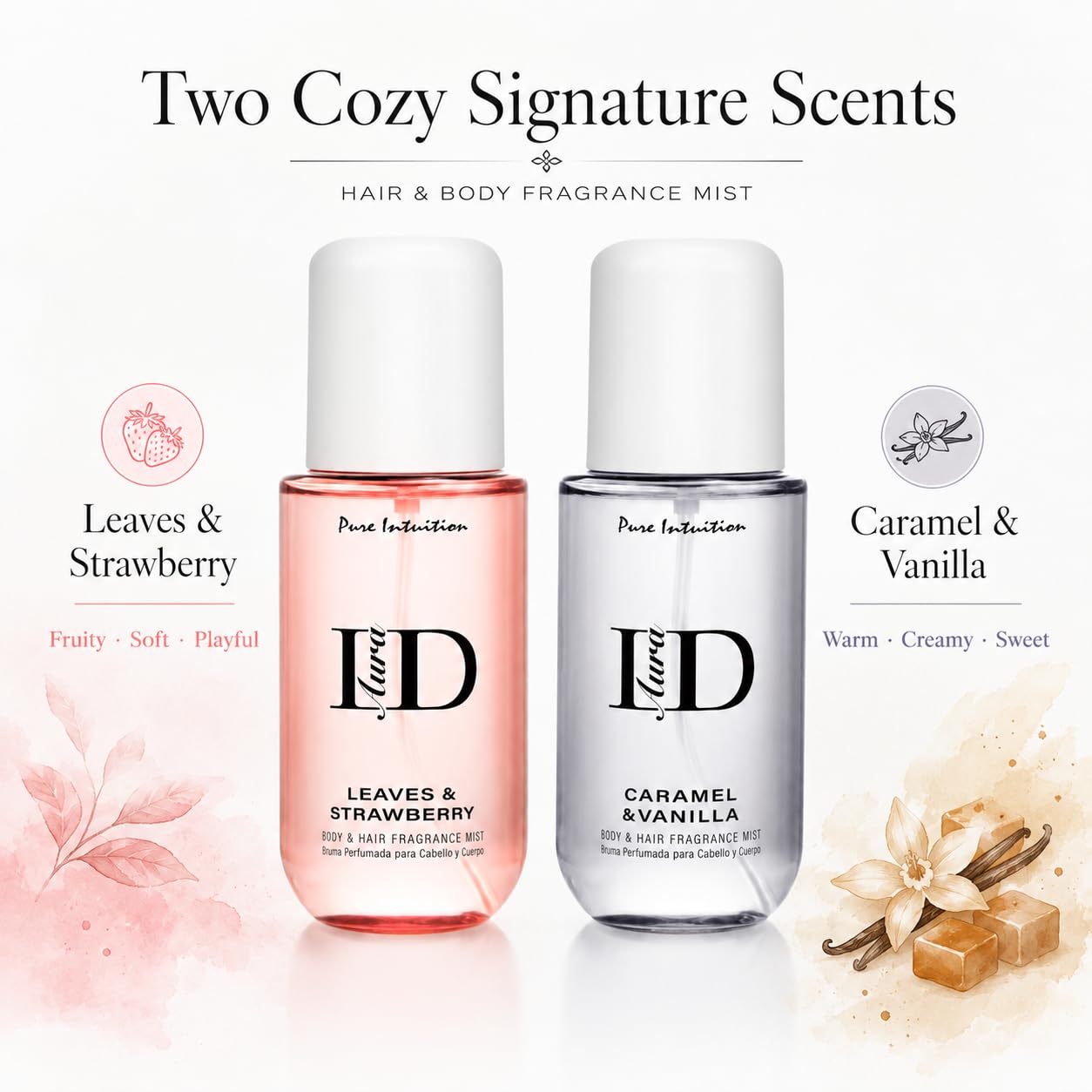 Caramel Vanilla & Strawberry Hair & Body Mist Gift Set - Lightweight Layerable Spray | 2 Pack, 5.9 fl oz Each