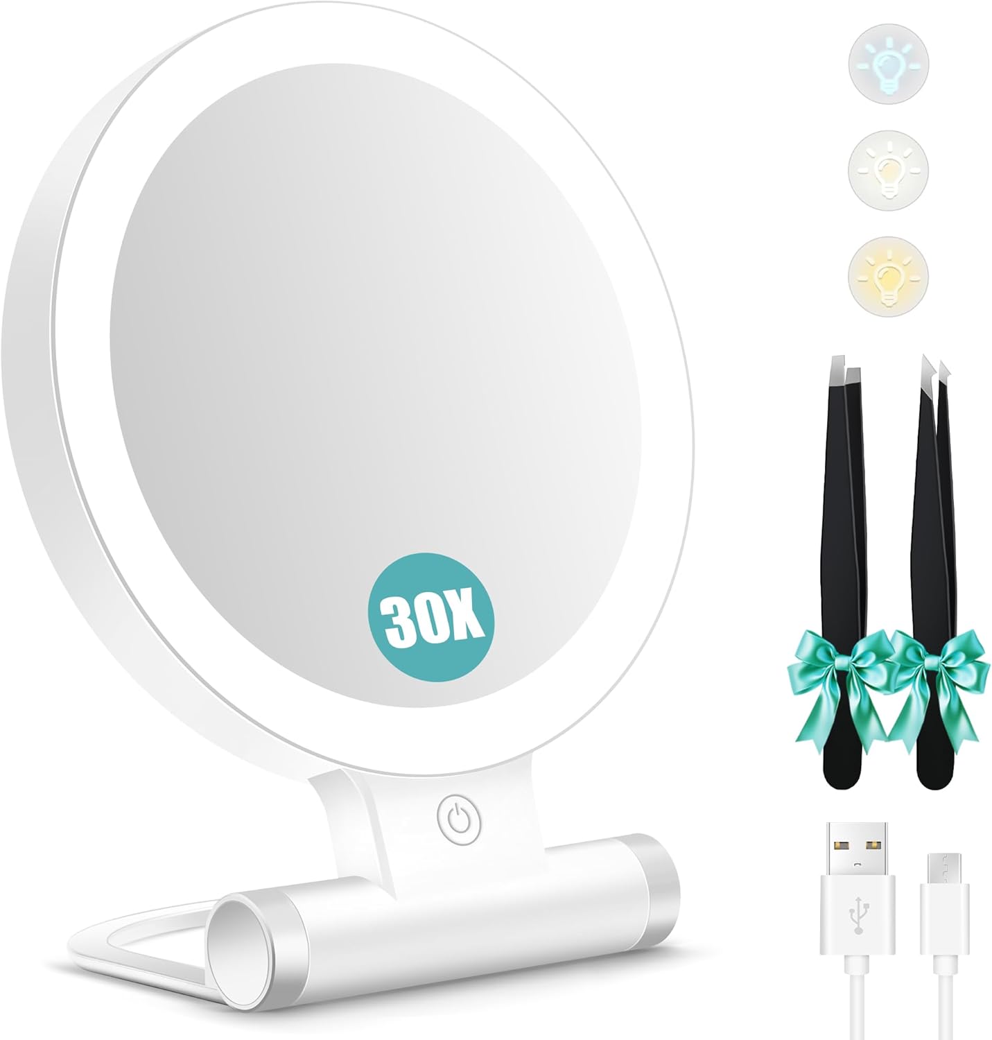 Magnifying Makeup Mirror with Light - 30X Double-Sided, 3 Color Modes | Foldable Travel Design (9" L x 7" W)