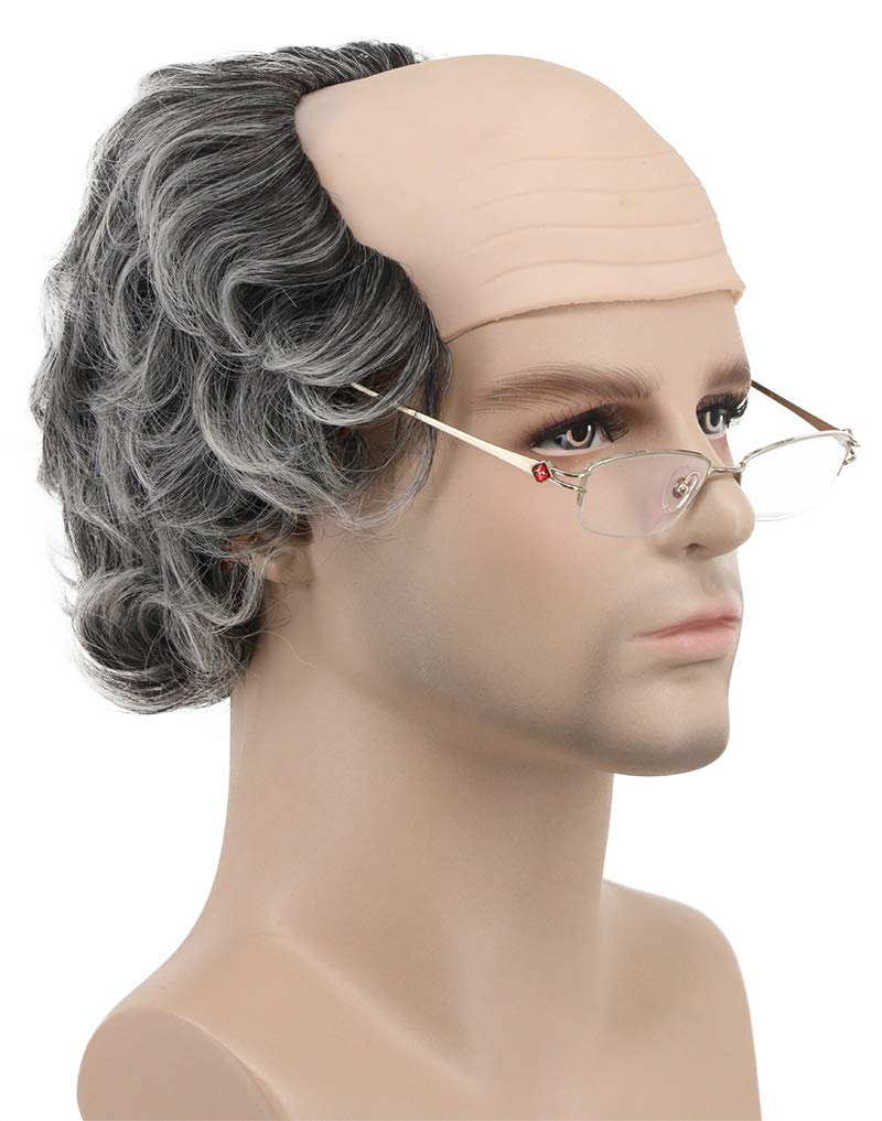 karlery Adult Short Curly Grey Fits Old Man Bald Cap Wig Grandpa Halloween Cosplay Anime Costume Party Wig