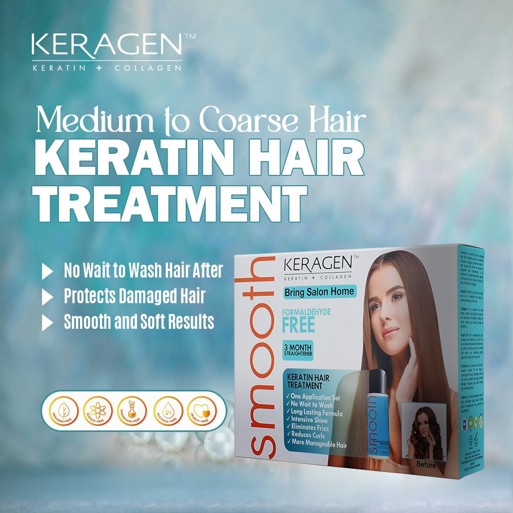 KERAGEN At-Home Keratin Smoothing Treatment Kit – Formaldehyde-Free Express Blowout for Coarse & Frizzy Hair | 0-Hour Wait Time, Instant Wash-Ready Formula | Cruelty-Free, Made in USA | 2 oz