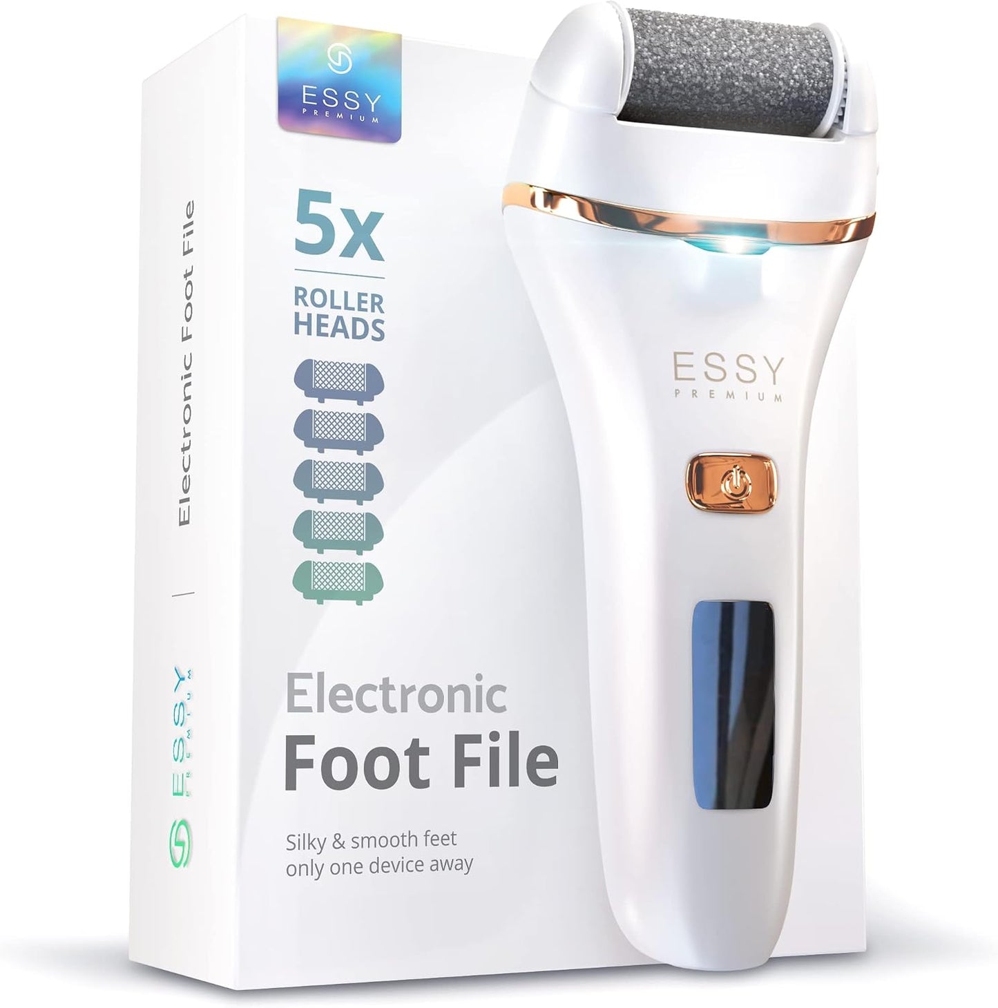 Rechargeable Electric Foot File - Waterproof Callus Remover with 5 Replacement Rollers | Cordless, 2 Speeds, LED Display, USB Charging (White)