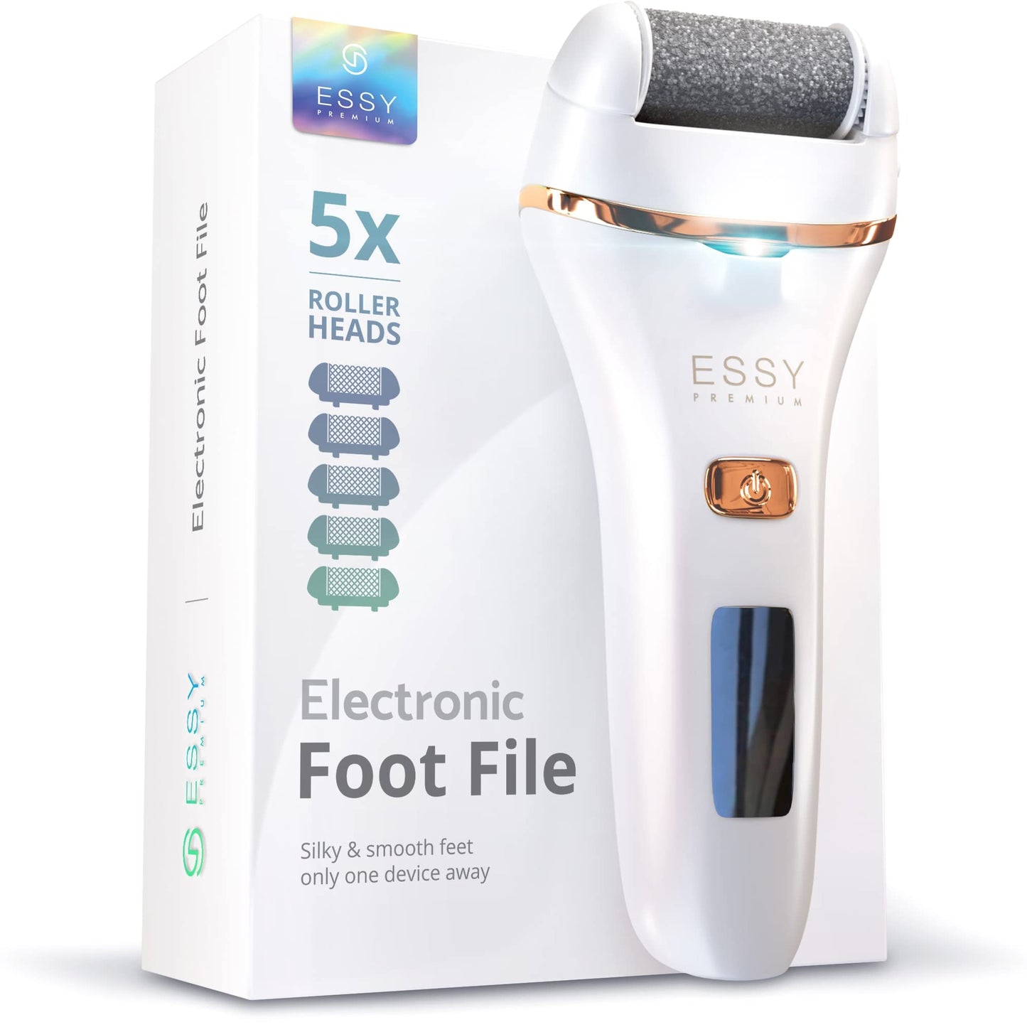 Essy Electric Foot File Rechargeable with 5 Replacement Rollers (White)