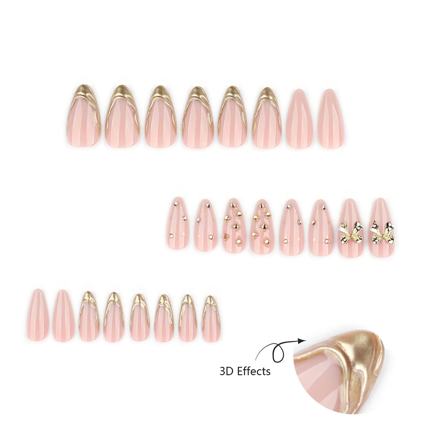 3D Gold French Tip Press-On Nails | Medium Almond Shape with Rhinestones & Gold Beads | Full Cover, Glossy Finish
