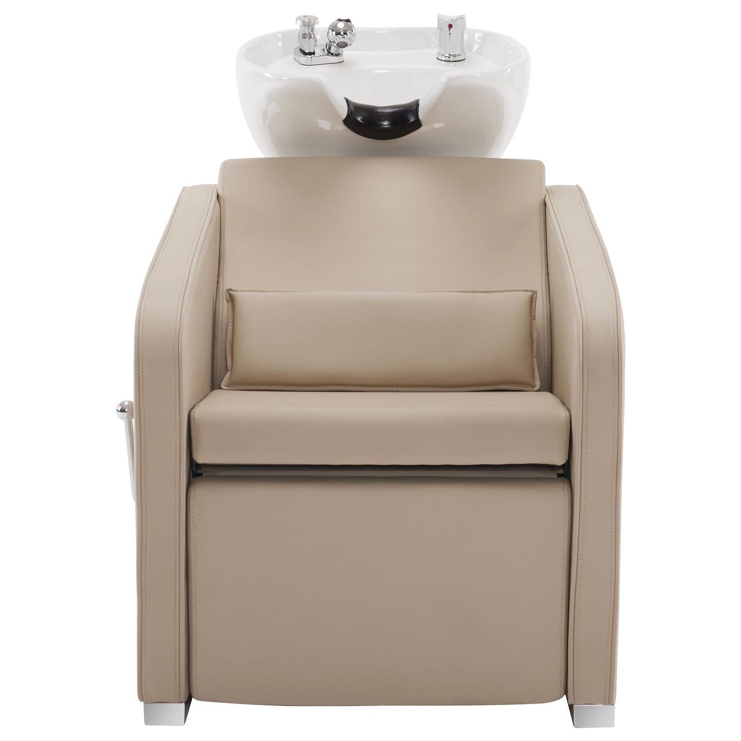 BarberPub Backwash Shampoo Station Chair, Adjustable Porcelain Ceramic Hair Wash Bowl Sink Unit Station, Reclining Shampoo Station Chair for Spa Beauty Salon Hair Salon Equipment 9303 (Beige)