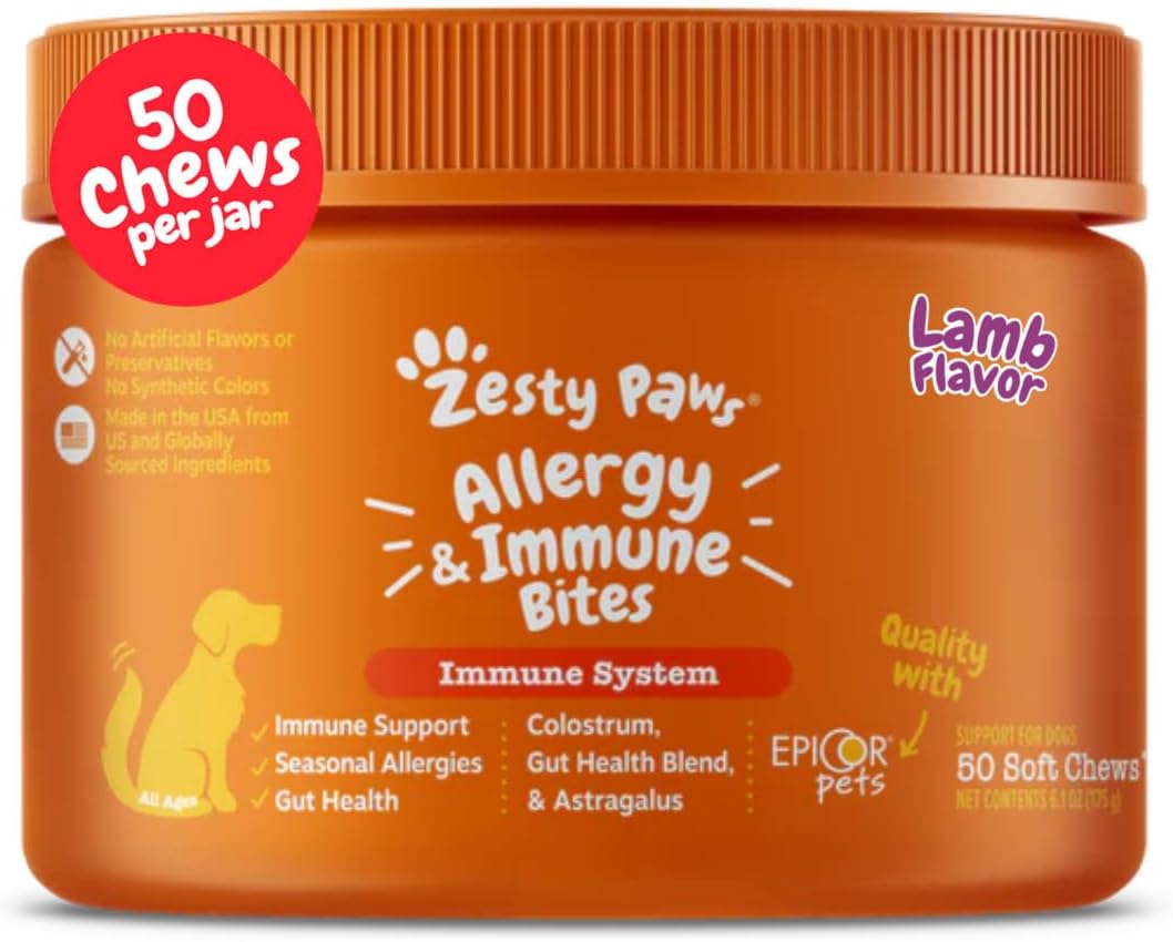 Zesty Paws Allergy Immune Bites - Dog Allergy Chews for Itchy Skin & Ears | Lamb Flavor, 90 Count