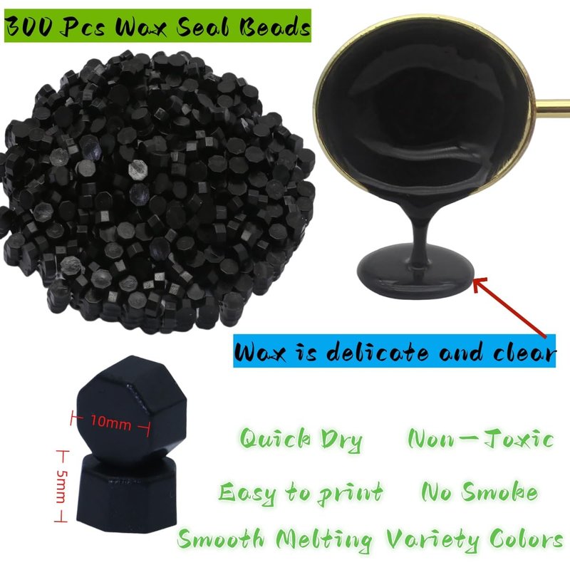 Atopbb 300 Pcs Wax Seal Beads, Sealing Wax Beads, Refilling Octagon Wax Sealing Beads for Wax Stamp Sealing, Perfect for Wedding Invitations, Christmas Cards, Envelopes, Letter Sealing (Black)