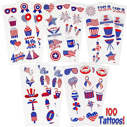 Anapoliz 100pcs Patriotic 4th of July Temporary Tattoos - Red White Blue USA Flags & Fireworks