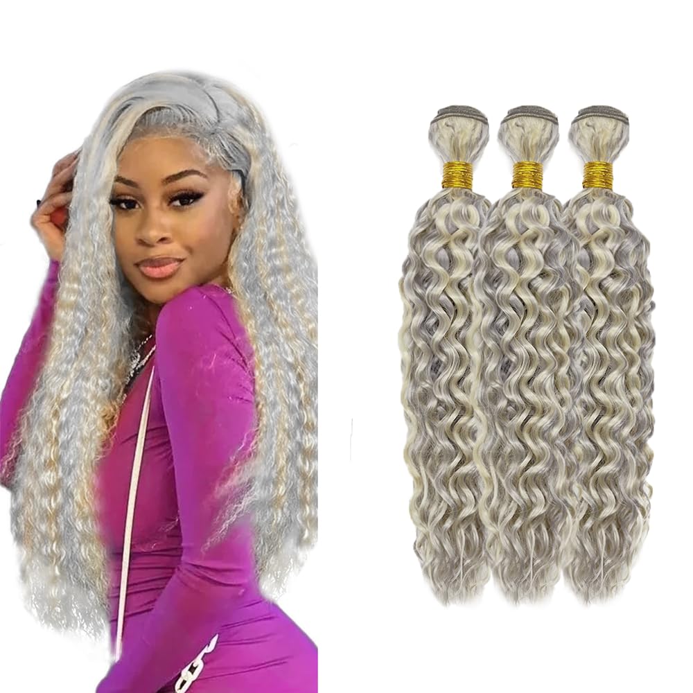 613 Human Hair Bundles Silver Kinky Curly Bundles Human Hair 8A Brazilian Virgin Remy Hair 3 Bundles 16 18 20 Inch Two Tone Grey Mixed With Blonde Bundles Hair Extensions Highlight Bundles