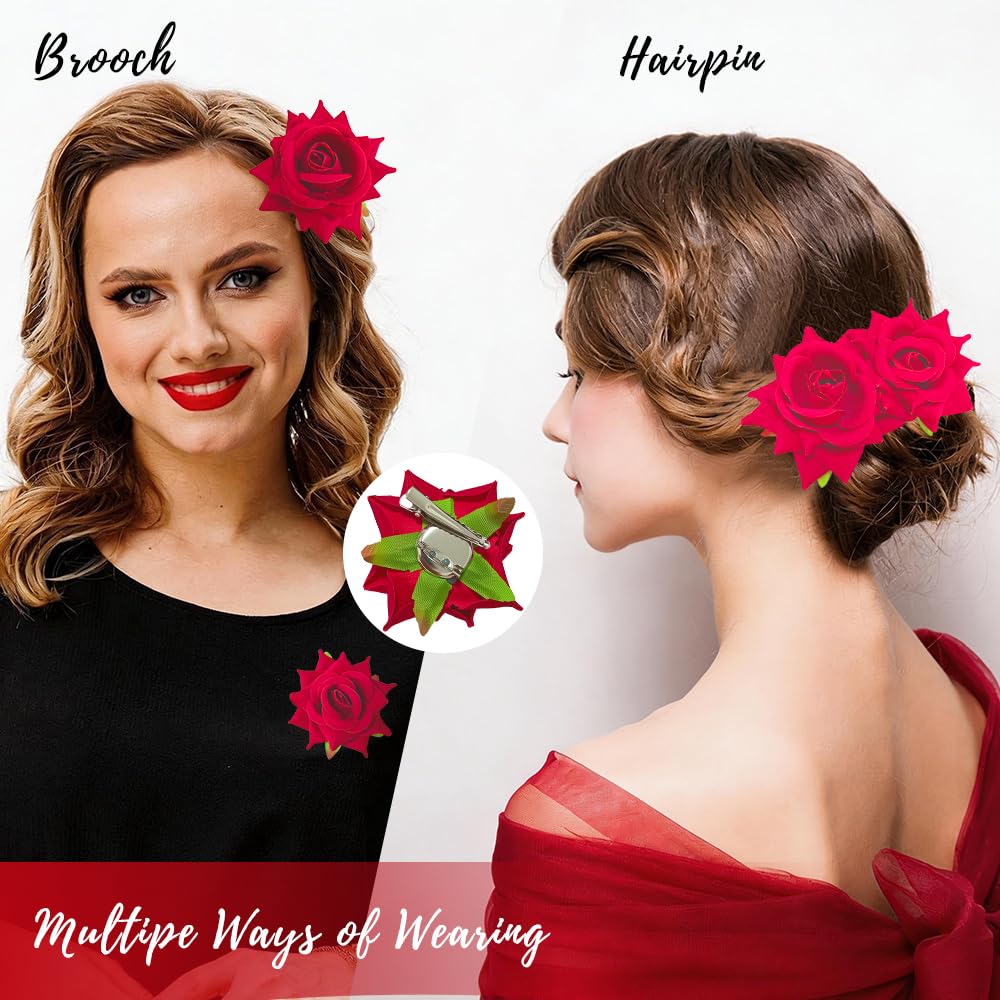 Red Rose Flower Hair Clips - 6 Pcs Floral Barrettes for Bridal, Halloween & Fiesta Parties | Elegant Hair Accessories