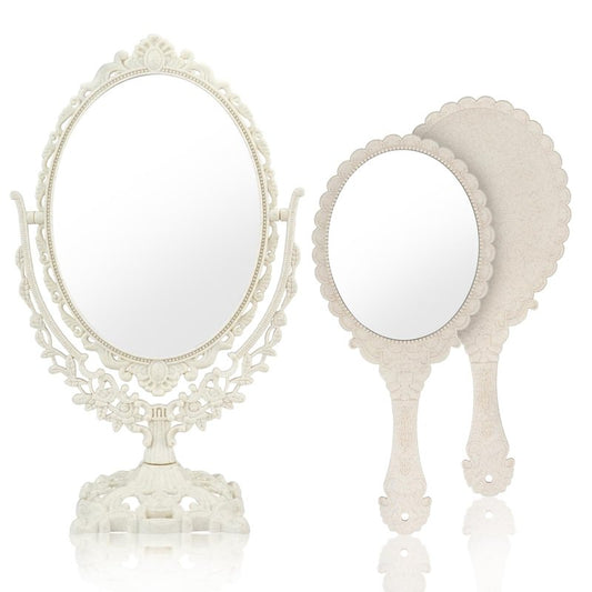 MOAMUN 2PC Makeup Mirror Vintage Hand Mirror, Desk Vanity Mirrors with Double Sided for Home Bedroom, Hand Mirrors with Handle for Women Travel Small Vintage Purse (Oval)