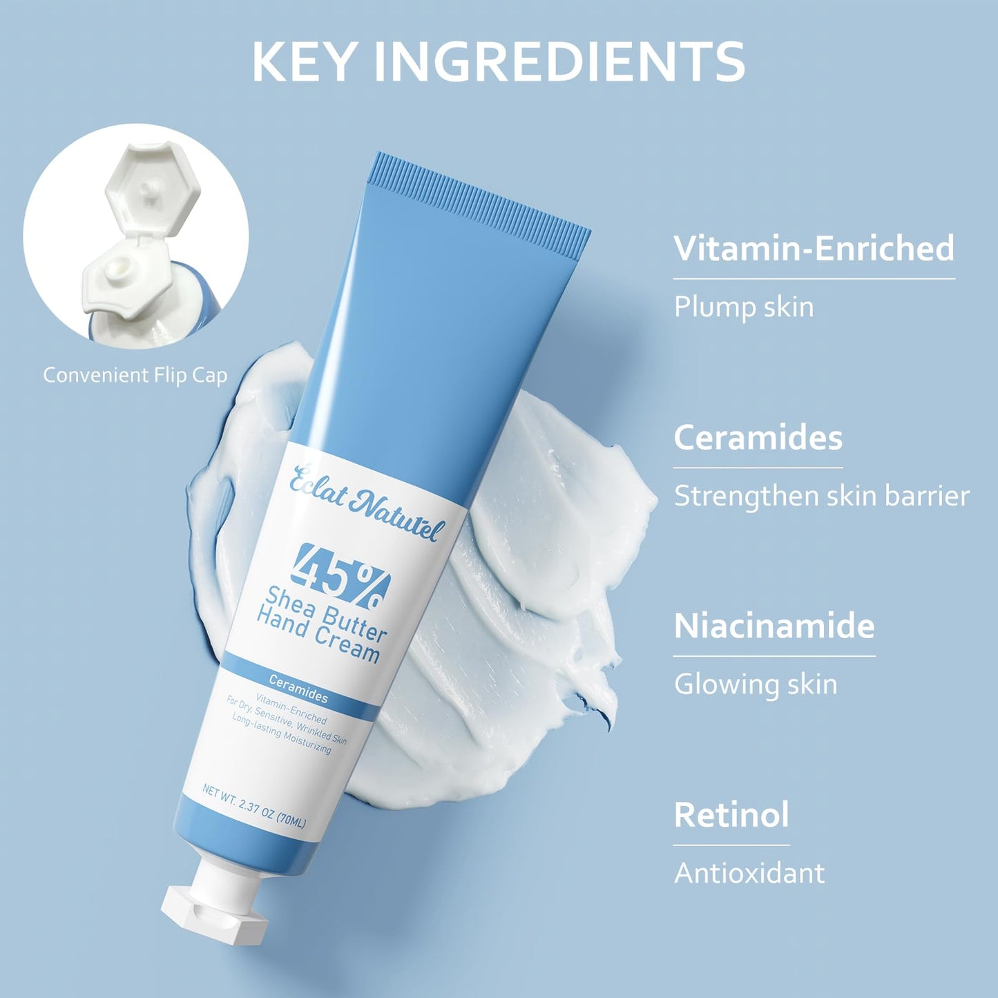 ÉCLAT NATUREL Shea Butter Hand Cream, Made with 45% Shea Butter Moisturizer for Dry Hands, Vitamin E Niacinamide Ceramide Hand Lotion, Radiant Nourish Moisturizing Cream, 2.37 Fl Oz