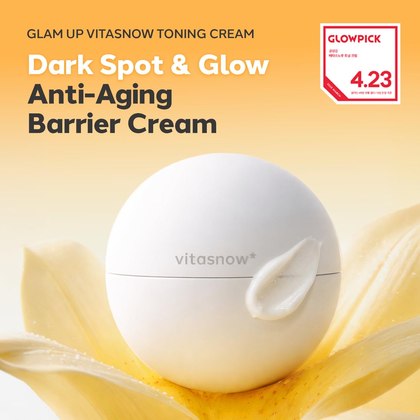 GLAM UP VitaSnow Toning Cream for Face, Dark Spot Corrector & Glow Boost Moisturizer, Tone-up Vitamin C Brightening Cream with Kakadu Plum, Anti-Aging Barrier Hydration for Sensitive Skin, 1.69 fl. oz