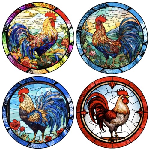 Round Rooster Window Clings - 4 Anti-Collision Decals for Bird Safety