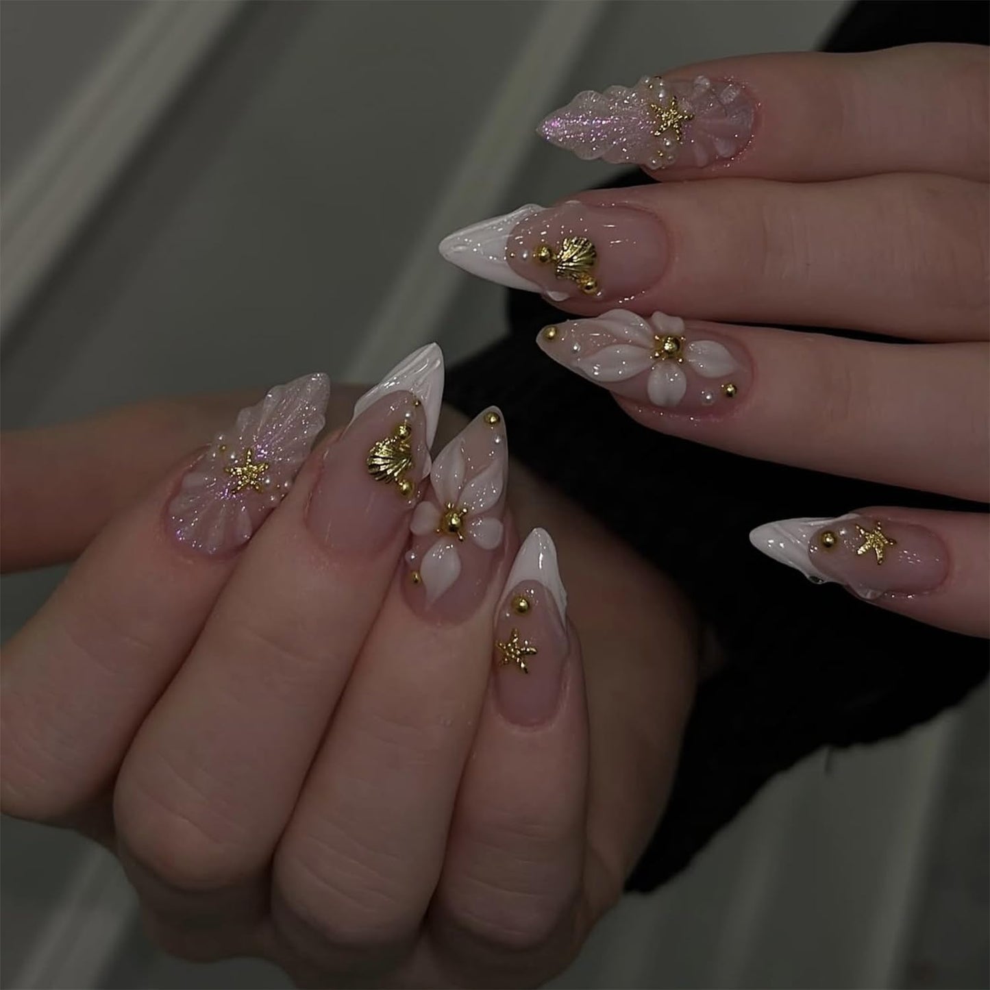 French Tip Press-On Nails - 24pcs Medium Almond with 3D Floral Gold Pearl Shell Designs | Summer Glitter Acrylic Full Cover