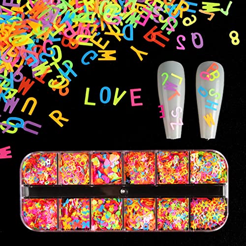 TBRZTR Fluorescent 3D Nail Sequins Kit – Mixed Design Butterfly, Heart, Star, Alphabet & More (12 Grids)