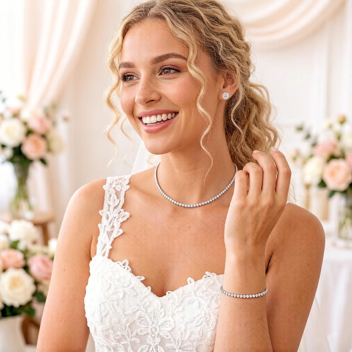 JNUIEU Silver Tennis Necklace and Bracelet Set for Women Wedding Jewelry Sets for Brides Earrings Prom Bridesmaid Jewelry (Silver01)