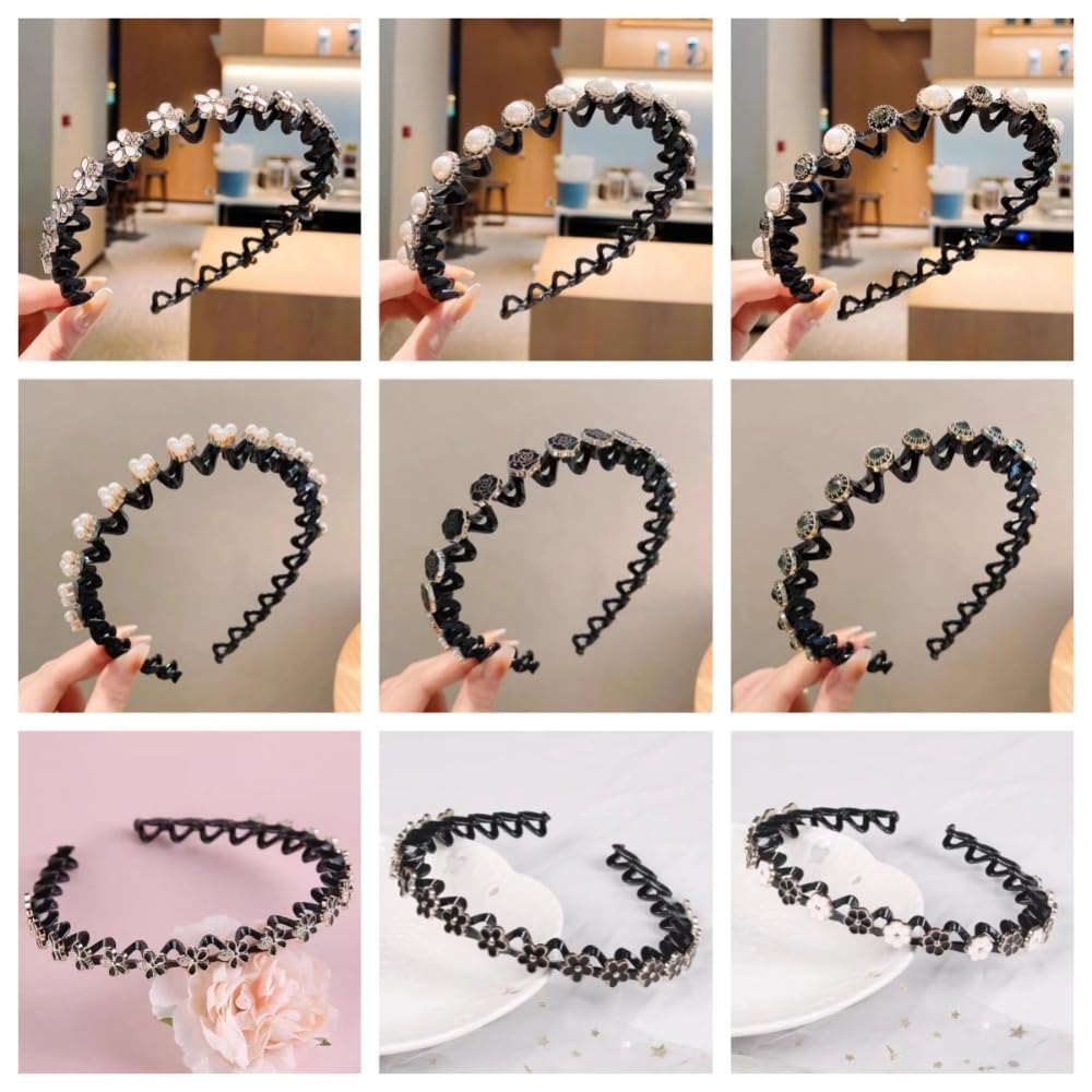 Women Wave Hair Hoops Braided Tools Rhinestone Flower With Toothed Headband Artifact for Tidying Broken Hair