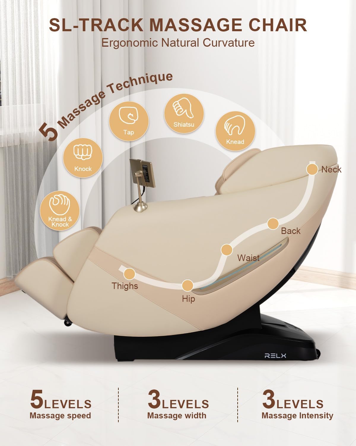 RELX 2026 Full Body Massage Chair - Zero Gravity Shiatsu with Heating, AI Control & 13 Modes | Beige