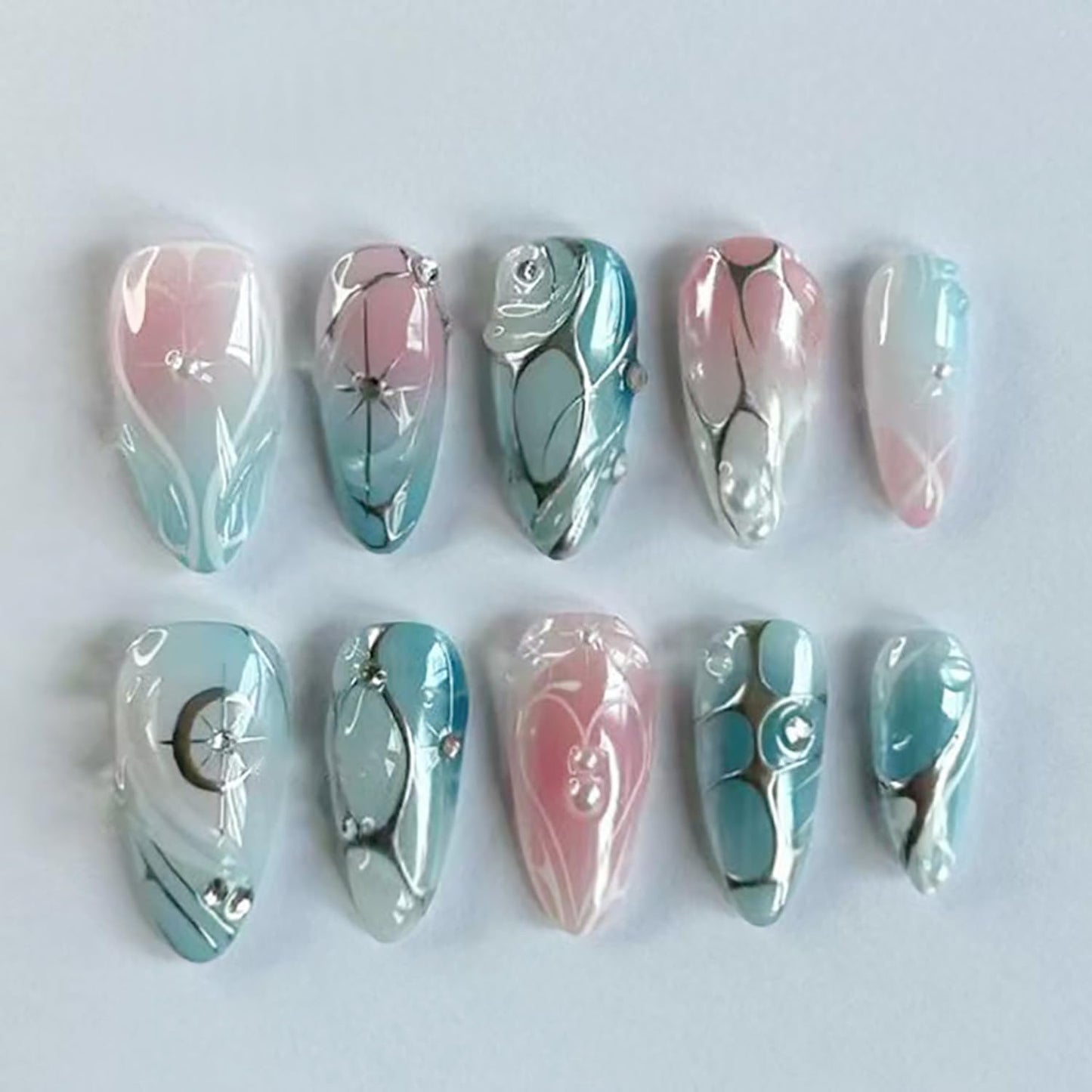 Summer Beach Press-On Nails Set - 24Pcs Medium Almond Floral Design with 3D Starfish & Seashell | Full Cover Ocean Manicure for Women