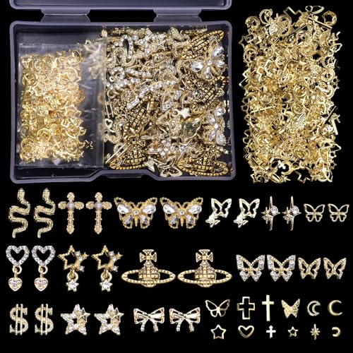 Cynailli 320 Pcs Gold Nail Charms & Gems Set - Cross, Snake, Heart, Star, Dangle & More, Variation S1