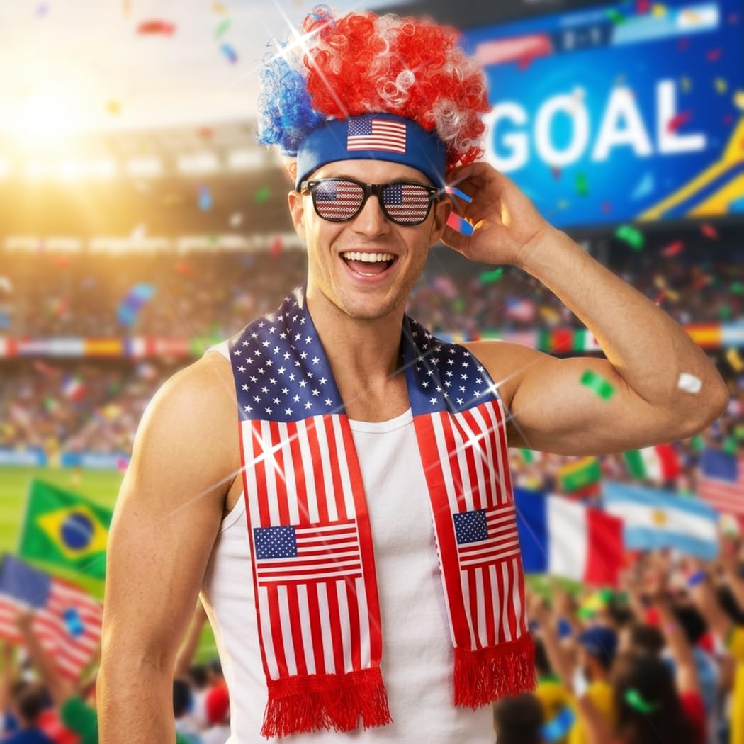 BODIY Soccer Sport Match Flag Head Accessories Football Fans Wig Flags Scarf Game Day Glasses for Men and Women (America)