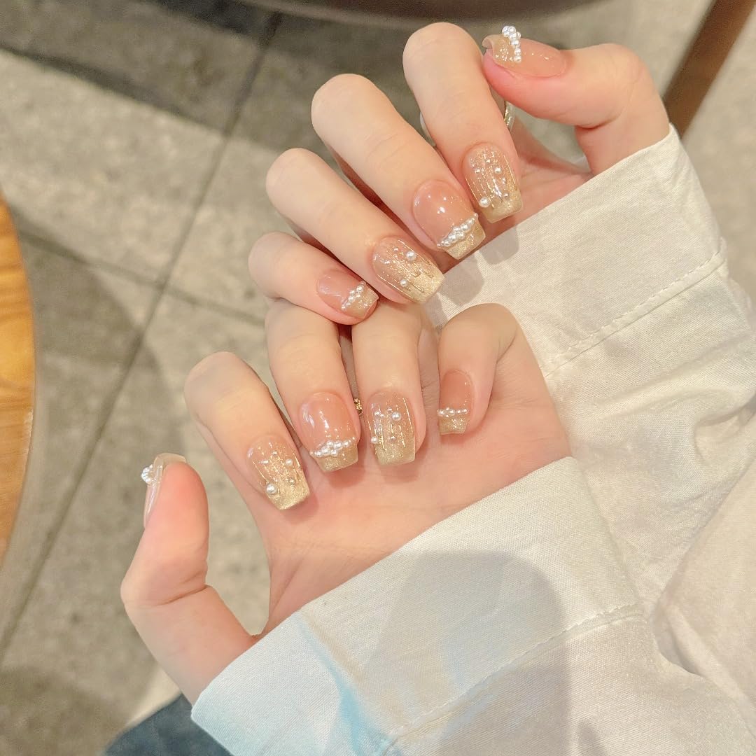 Handmade Press On Nails - Nude Pink Glitter French Tips | 10 Pcs Reusable & Easy to Apply