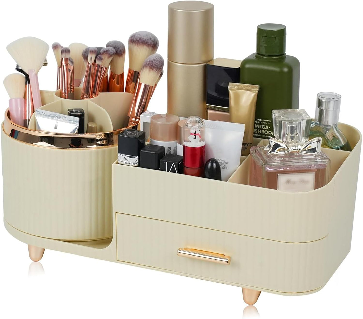 Makeup Organizer - 360° Rotating Brush Holder with Drawer | Large Capacity Skincare & Cosmetic Display - Green