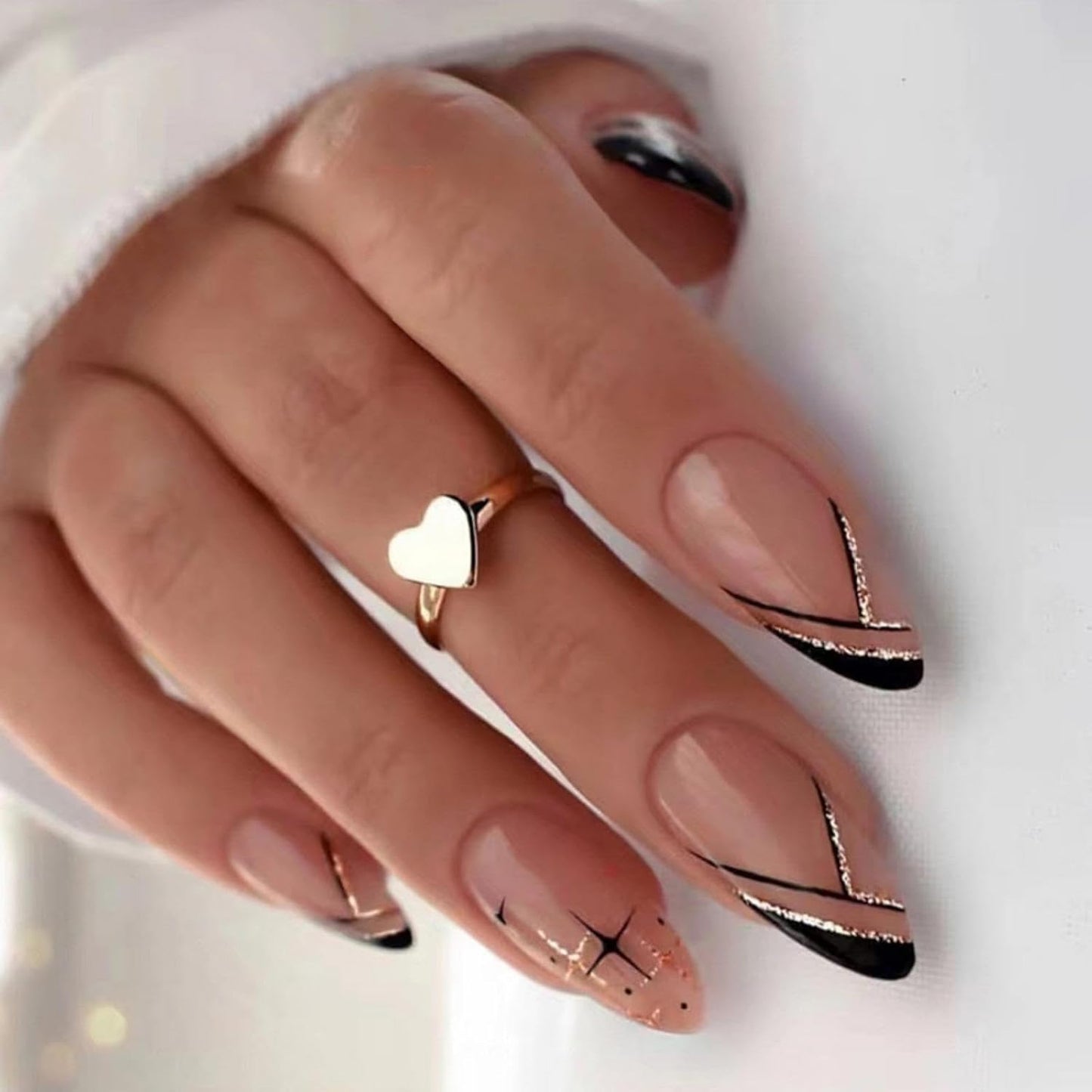 Press On Nails - French Tip Rhinestone Design | Medium Almond Glossy Full Cover - 24 Pcs for Women