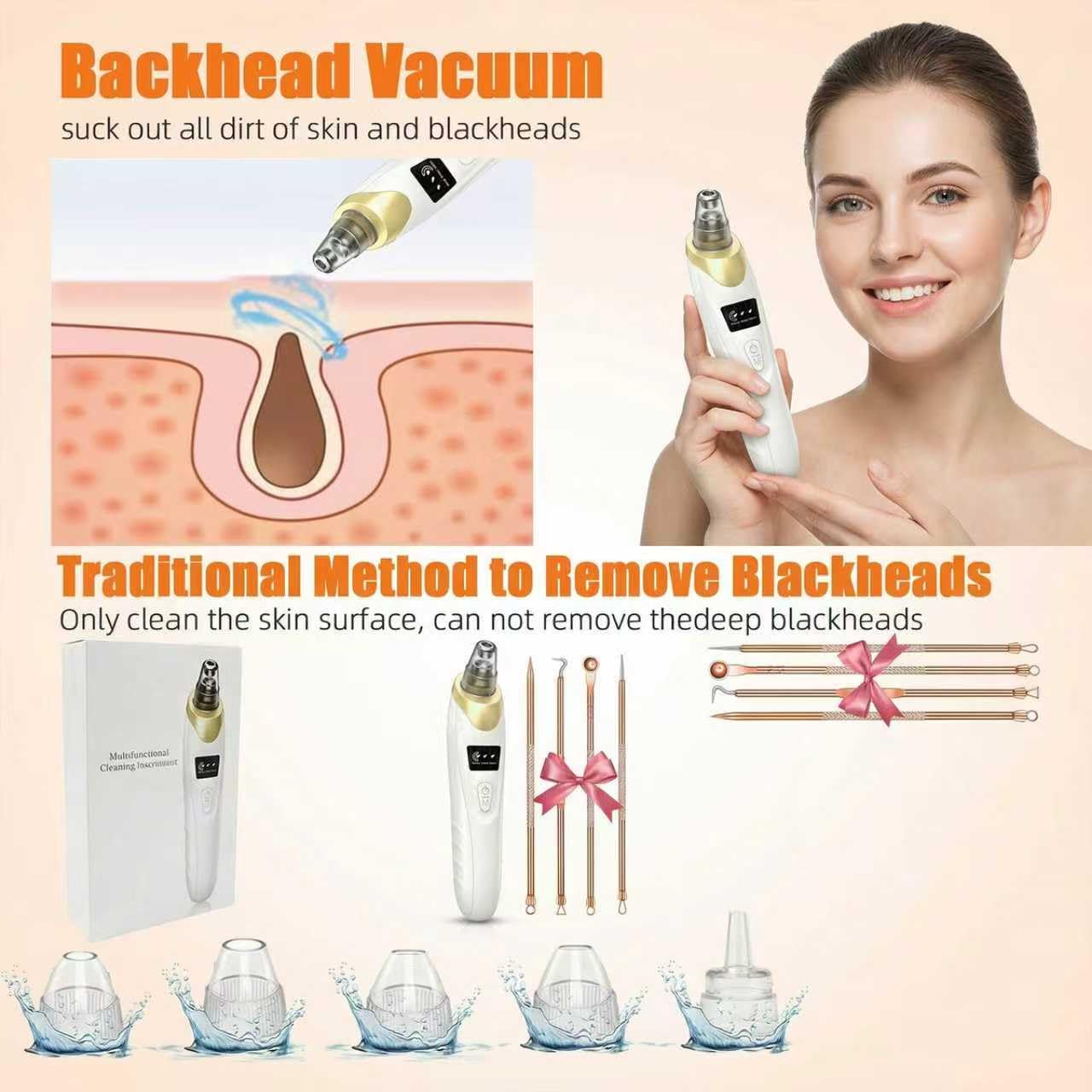 Pore Vacuum Blackhead Remover - USB Rechargeable, 3 Adjustable Levels, 5 Suction Powers, 6 Probes | Face Cleanser for Women & Men - Gold