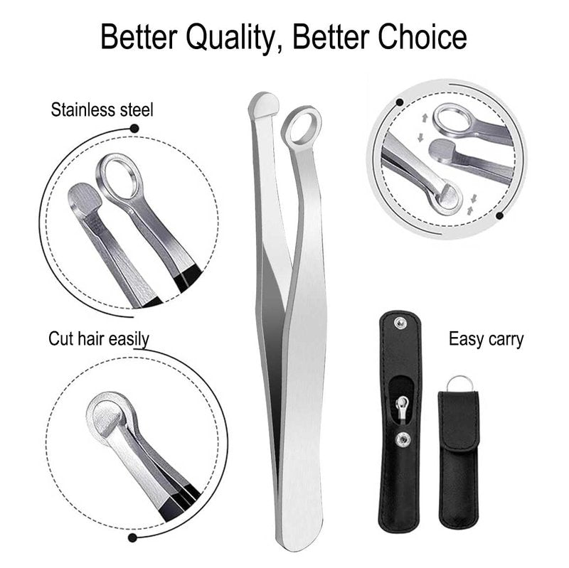 Liangery Manual Nose Hair Trimmer for Men Women- Stainless Steel Precision Blades, Leather Case, Tweezers Style Nasal Cutter, Eyebrow, Ear & Facial Grooming Tool (Silver)