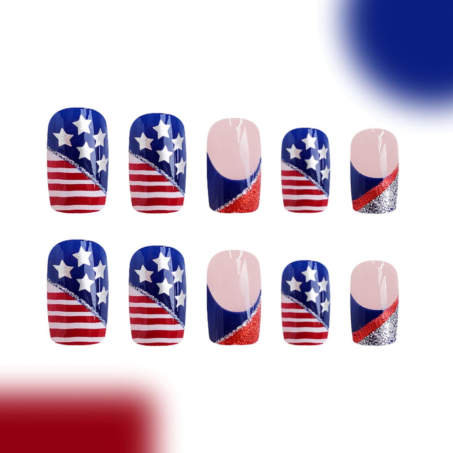 4th of July Short Press on Nails Square Red Blue French Tip Fake Nails Press ons Pink Full Cover False Nails White Star Glue on Nails Independence Day Artificial Stick on Nails
