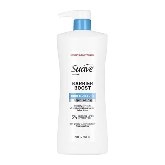 Suave Barrier Boost Body Lotion for Women with Glycerin, Lipids & Prebiotics, Fragrance Free, Dermatologist Tested, Clinically Proven 48-Hour Moisture, Moisturizing Body Lotion, Non-Greasy, 28 Fl Oz
