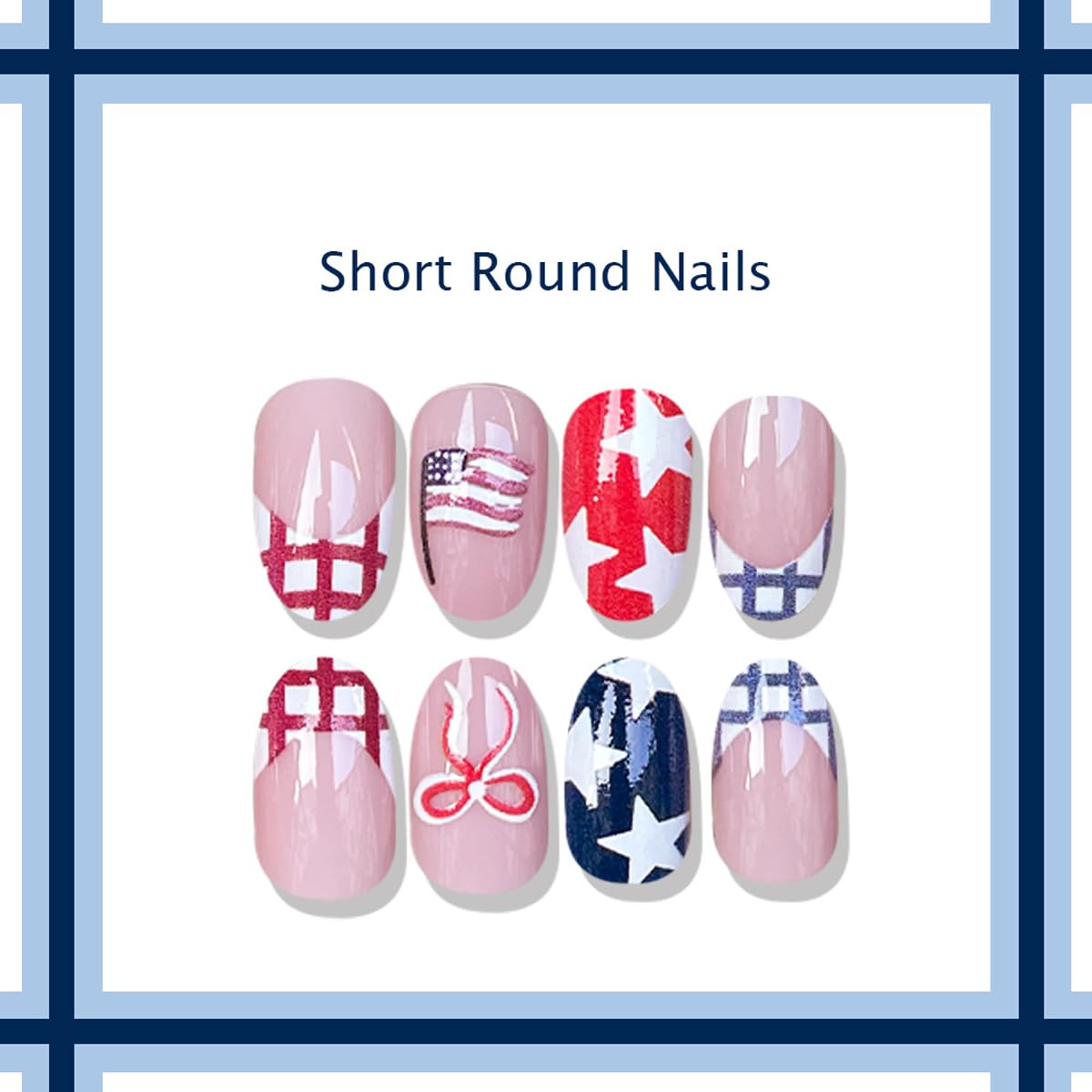4th of July Press on Nails Medium Oval Fake Nails French Tip Glue on Nail with Star | Polka Dot | Bow Designs Independence Day Press ons Stick on Nail 4th of July Nails for Women Manicure 24Pcs