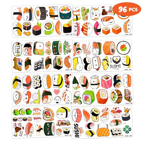 96 PCS Sushi Temporary Tattoos - Kids & Adults Water-Resistant Japanese Sushi Stickers