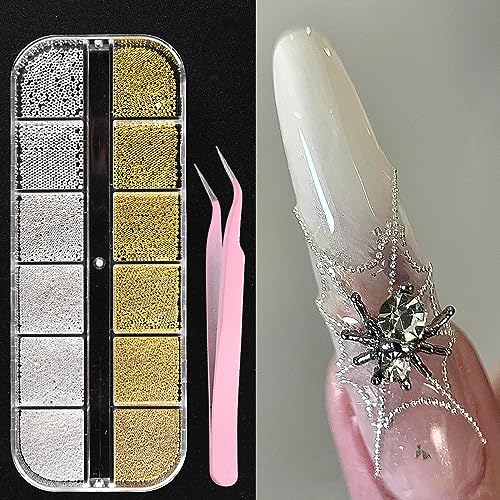 SUTOKAKA 3D Nail Art Studs Set - Gold & Silver Metal Caviar Beads
