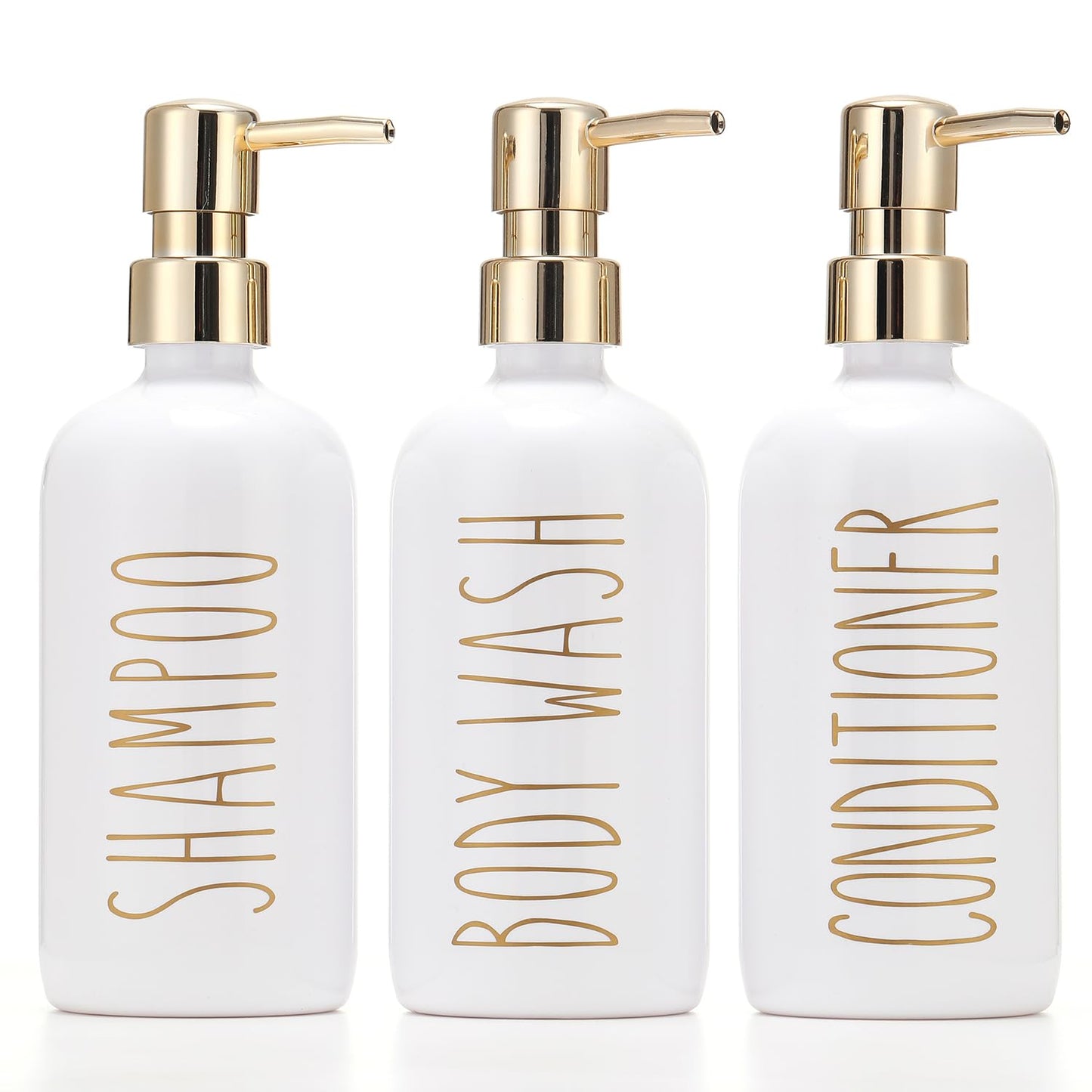 HOMCDALY Shampoo and Conditioner Dispenser Set of 3, 21oz Shower Soap Bottles with Pump, Refillable Shampoo Conditioner Body Wash Dispenser, Bathroom Shower Shampoo Bottles, Shampoo Container(P-Gold)