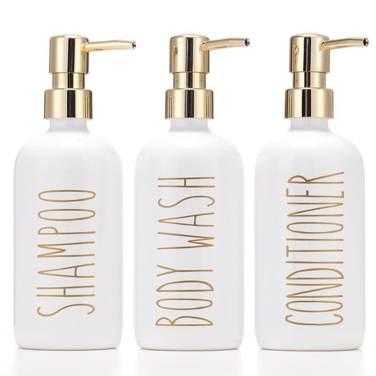 HOMCDALY Shampoo and Conditioner Dispenser Set of 3, 21oz Shower Soap Bottles with Pump, Refillable Shampoo Conditioner Body Wash Dispenser, Bathroom Shower Shampoo Bottles, Shampoo Container(P-Gold)