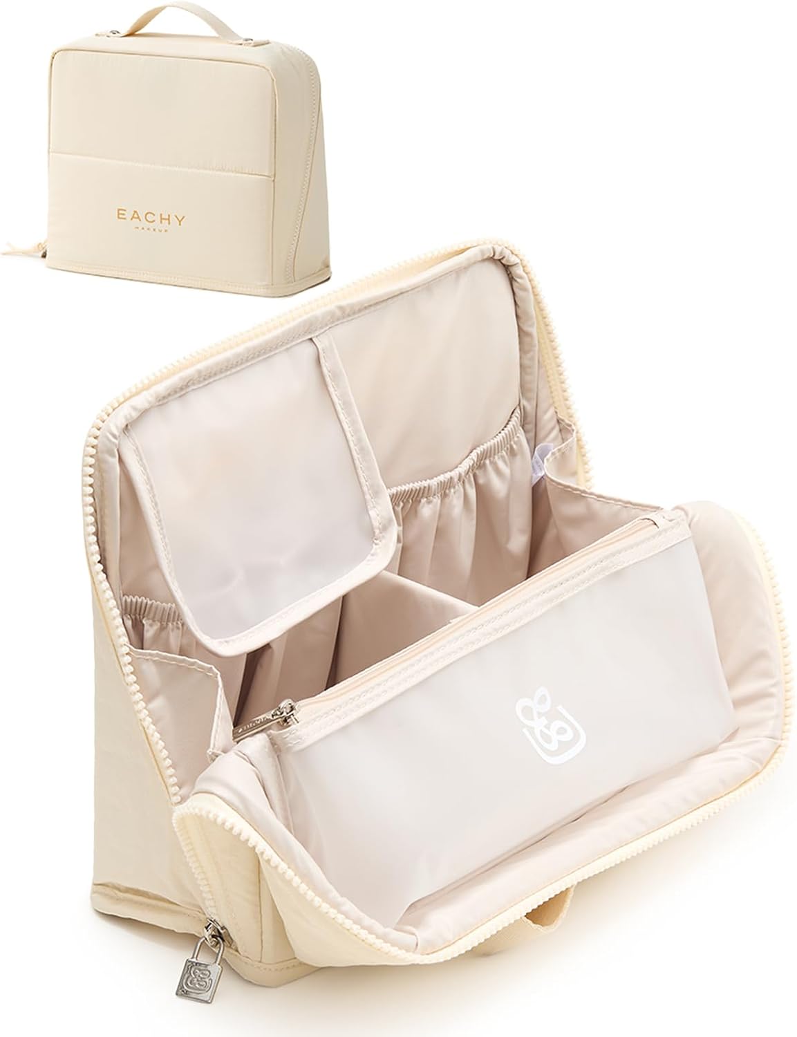 Large Waterproof Makeup Bag - EACHY Cosmetic Organizer with Phone Holder & Detachable Dividers | Wipe-Clean Brush Pouch for Women
