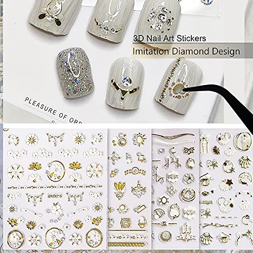 20 Sheets Gold & Diamond 3D Nail Art Stickers, Luxury Self-Adhesive Decals for Nails