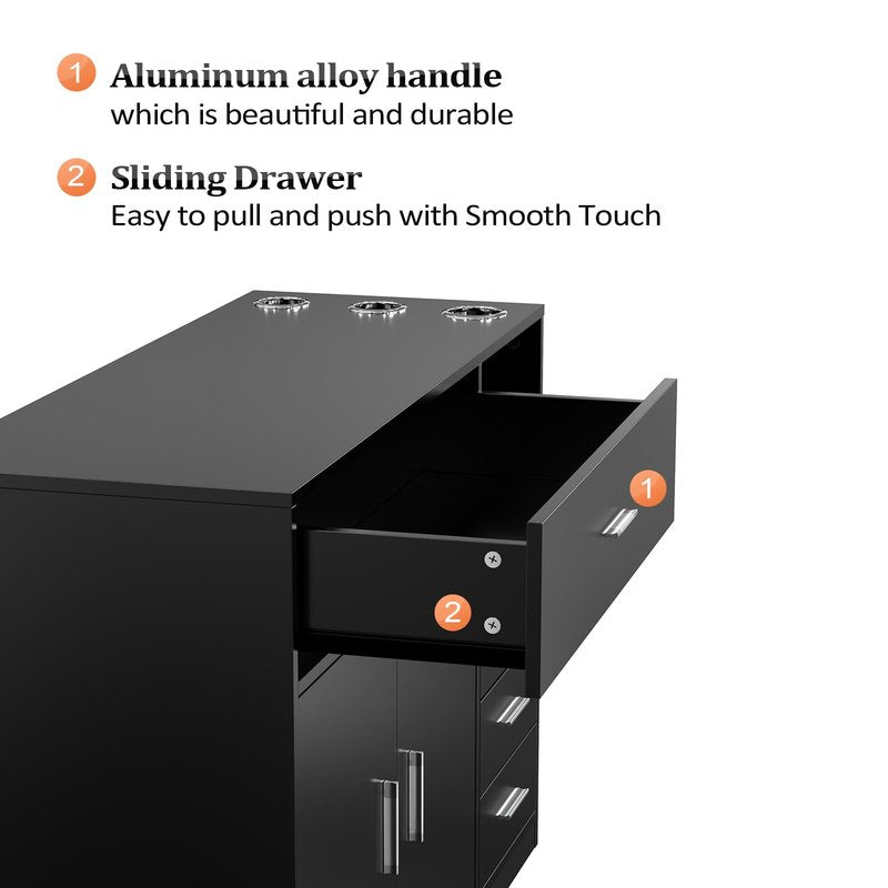 OmySalon Salon Station Free Standing Cabinet, Barber Hair Styling Stations, Beauty Spa Equipment with 5 Drawers, 1 Storage Cabinet, 3 Hair Dryer Holders, Black